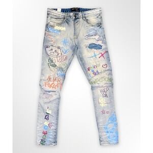 Smoke Rise Distressed Graffiti Jeans Mens 32x32 Light Wash Skinny Stretch Denim
